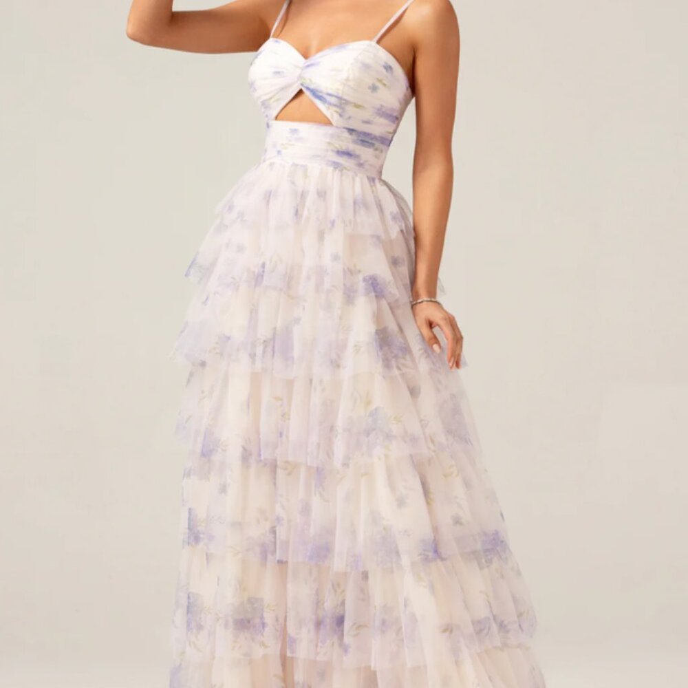 Zapakas Lavender Flower Princess Spaghetti Straps Tiered Prom Dress